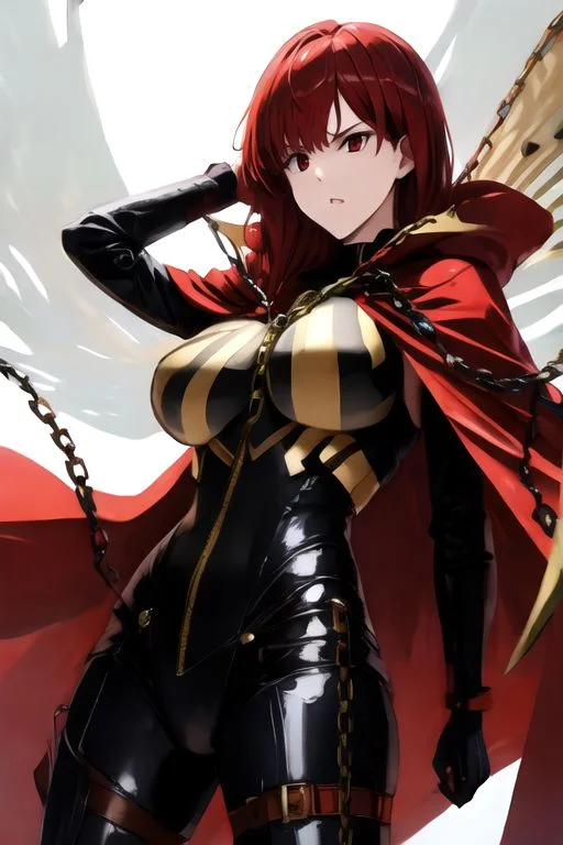solo_focus, 1girl, (((masterpiece))), ((best quality)), ((ultra-detailed)), high resolution, absurdres, highres, ultra-detailed 8k unity wallpaper, 
oda_biig,large breasts,red eyes,black bodysuit,red hair,chain,collared cape,