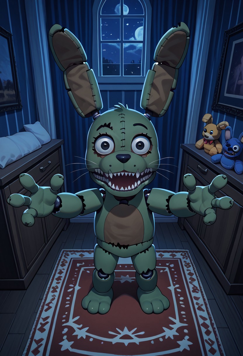 score_9, score_8_up, score_7_up, solo male, from above, high-angle view, pov, PlushtrapFNAF, rabbit ears, scut tail, teeth, sharp teeth, wear and tear, green skin, petite, barefoot, 4 fingers, perfect hands, (large head:1.1), shortstack, small body, sharp teeth, fuzzy, plush body, seam \(sewing\), stitch \(sewing\), animatronic, glowing eyes, crooked whiskers, ragged, withered, 
masterpiece, detailed face, looking at viewer, smile, open mouth, nervous, knock-kneed, cocked head, zPDXL3, dark house, inside, nighttime, night, raised arms, hands up, reaching towards viewer, bedroom, carpet, chair, standing, living plushie, detailed background, dutch angle, spooky, perspective