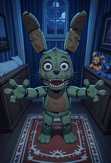 score_9, score_8_up, score_7_up, solo male, from above, high-angle view, pov, PlushtrapFNAF, rabbit ears, scut tail, teeth, sharp teeth, wear and tear, green skin, petite, barefoot, 4 fingers, perfect hands, (large head:1.1), shortstack, small body, sharp teeth, fuzzy, plush body, seam \(sewing\), stitch \(sewing\), animatronic, glowing eyes, crooked whiskers, ragged, withered,
masterpiece, detailed face, looking at viewer, smile, open mouth, nervous, knock-kneed, cocked head, zPDXL3, dark house, inside, nighttime, night, raised arms, hands up, reaching towards viewer, bedroom, carpet, chair, standing, living plushie, detailed background, dutch angle, spooky, perspective