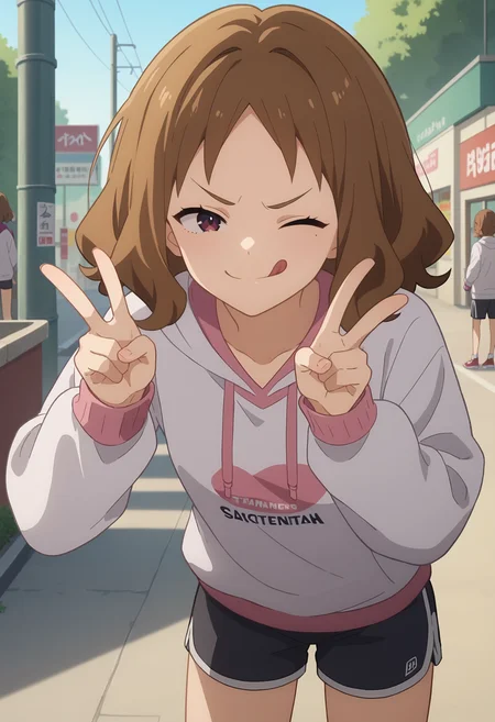 score_9, score_8_up, score_7_up, anime screencap, source_anime, 1girl, solo,
<lora:Konami_Amanatsu_Makeine_V1:.85>, KJOkonami, brown hair, dark eyes, medium hair, 
white hoodie, long sleeves, sleeves past fingers, athletic shorts,
standing, peace sign, one eye closed, tongue out, smirk, smug, leaning forward,
sunny, street,
(Beautiful, small Breasts:1.2),
