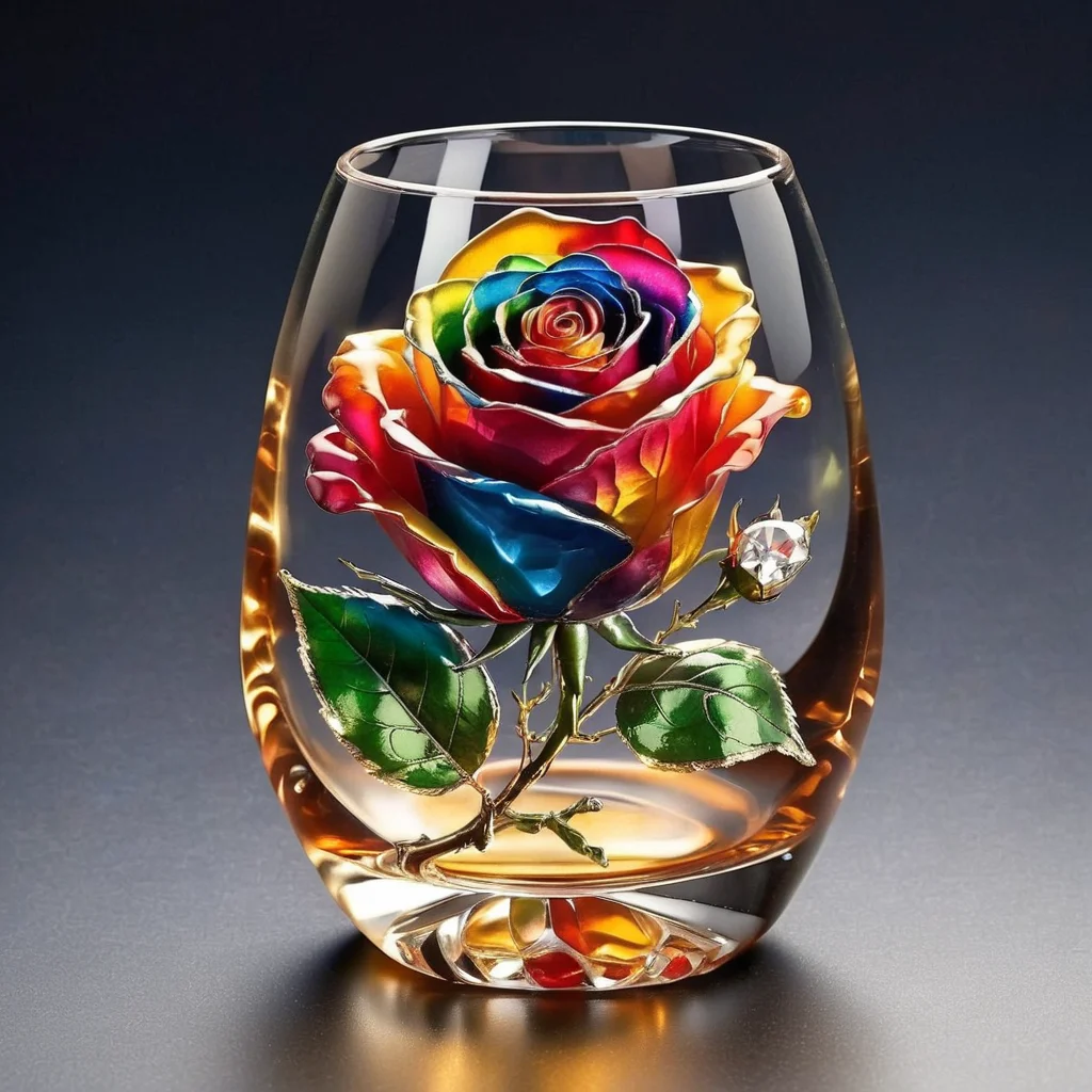 an image of, close-up, flowers MD_Jewelry,CN_SP style,the gem and Diamond colorful rose in the whiskey glass ,whiskey, gem leaves, golden ,dark background, faint light, front view ,film <lora:0210_rose-checkpoint-6000:0.7> <lora:0208_sprint_festival-checkpoint-8000:0.5>