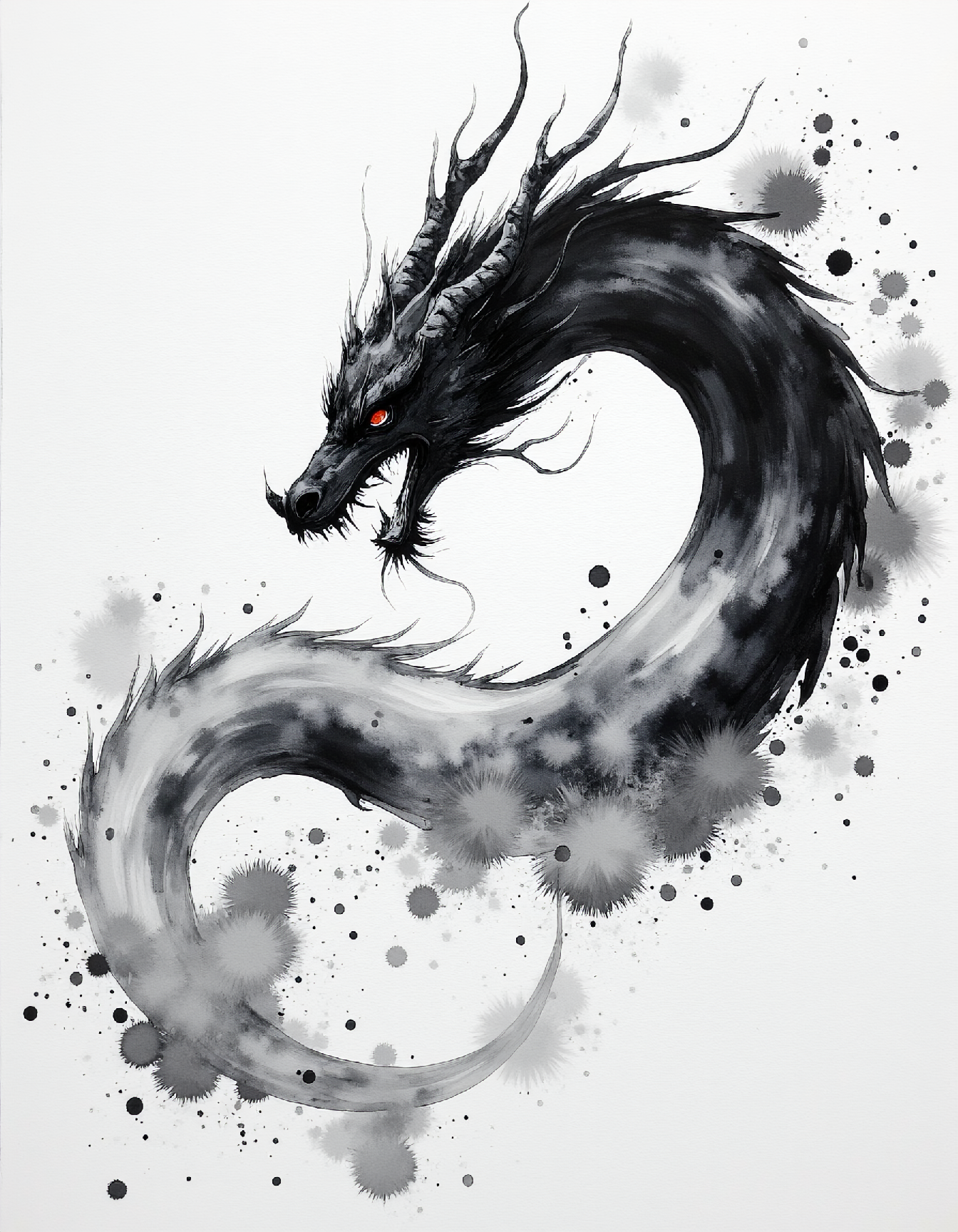 ArsMJStyle, Zen Ink Wash Sumi-e, a chinese dragon, monochrome, ink splashes