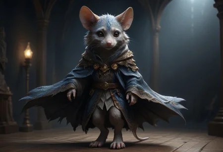 antro mouse in cloak walking upright, solo, big ears, big yellow shiny eyes, dark wings, tiny snout, cute, fluffy light blue fur, skinny tail, score_9, score_8_up, score_7_up, masterpiece, Ethereal, cursed
diffuse lighting, fantasy, intricate, elegant, mysterious, lifelike, photorealistic, HDR, raytrace