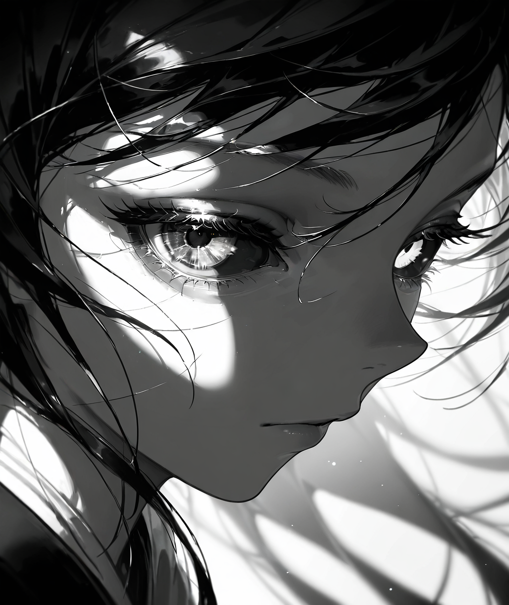 masterpiece, best quality, very aesthetic, newest, absurdres, highres, monochrome, black and white, close-up, face focus, eye focus, dark_eye_focus, 1girl, solo, heterochromia, mismatched sclera (monochrome style), intense gaze, soft shadows, ultra-detailed facial features, delicate eyelashes, subtle emotion, flowing hair in grayscale, traditional hanfu details, cinematic grayscale lighting, ethereal textures, soft bokeh background, anime digital painting, dramatic monochrome aesthetic
, <lora:dark_eye_detail_illus:0.8>,