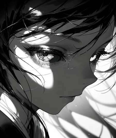masterpiece, best quality, very aesthetic, newest, absurdres, highres, monochrome, black and white, close-up, face focus, eye focus, dark_eye_focus, 1girl, solo, heterochromia, mismatched sclera (monochrome style), intense gaze, soft shadows, ultra-detailed facial features, delicate eyelashes, subtle emotion, flowing hair in grayscale, traditional hanfu details, cinematic grayscale lighting, ethereal textures, soft bokeh background, anime digital painting, dramatic monochrome aesthetic
, <lora:dark_eye_detail_illus:0.8>,