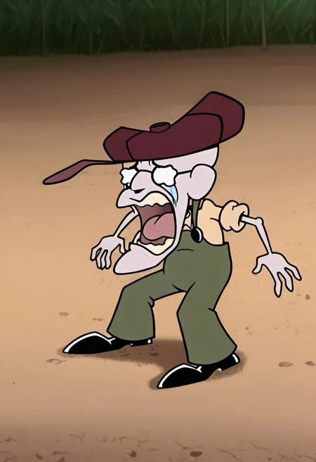 1 man,solo,Eustace,Bagge,Green overalls, yellow shirt, hat, glasses, grumpy expression,<lora:chopper-crying-ponyxl-lora-nochekaiser:1> chopper crying, chopper crying (meme), meme, wavy eyes, crying, tears, teeth, open mouth, tongue,standing up,racing up,top down view