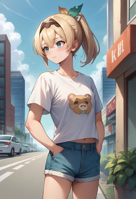 score_9, score_8_up, source_anime, KazamaIroha, hair ornament, hairband, ponytail, t-shirt, denim shorts, standing, outdoors, city, hands in pockets, <lora:CHAR-KazamaIrohaPonyXL:1>