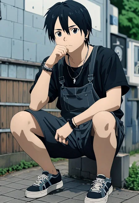 high resolution, professional photography, best quality, 1Boy, Kirigaya Kazuto, Black Hair, Black Eyes, overalldetail, lofi, candid, squat, depth of field, shirt, photo model, looking at viewer, bracelet, necklace, sneakers