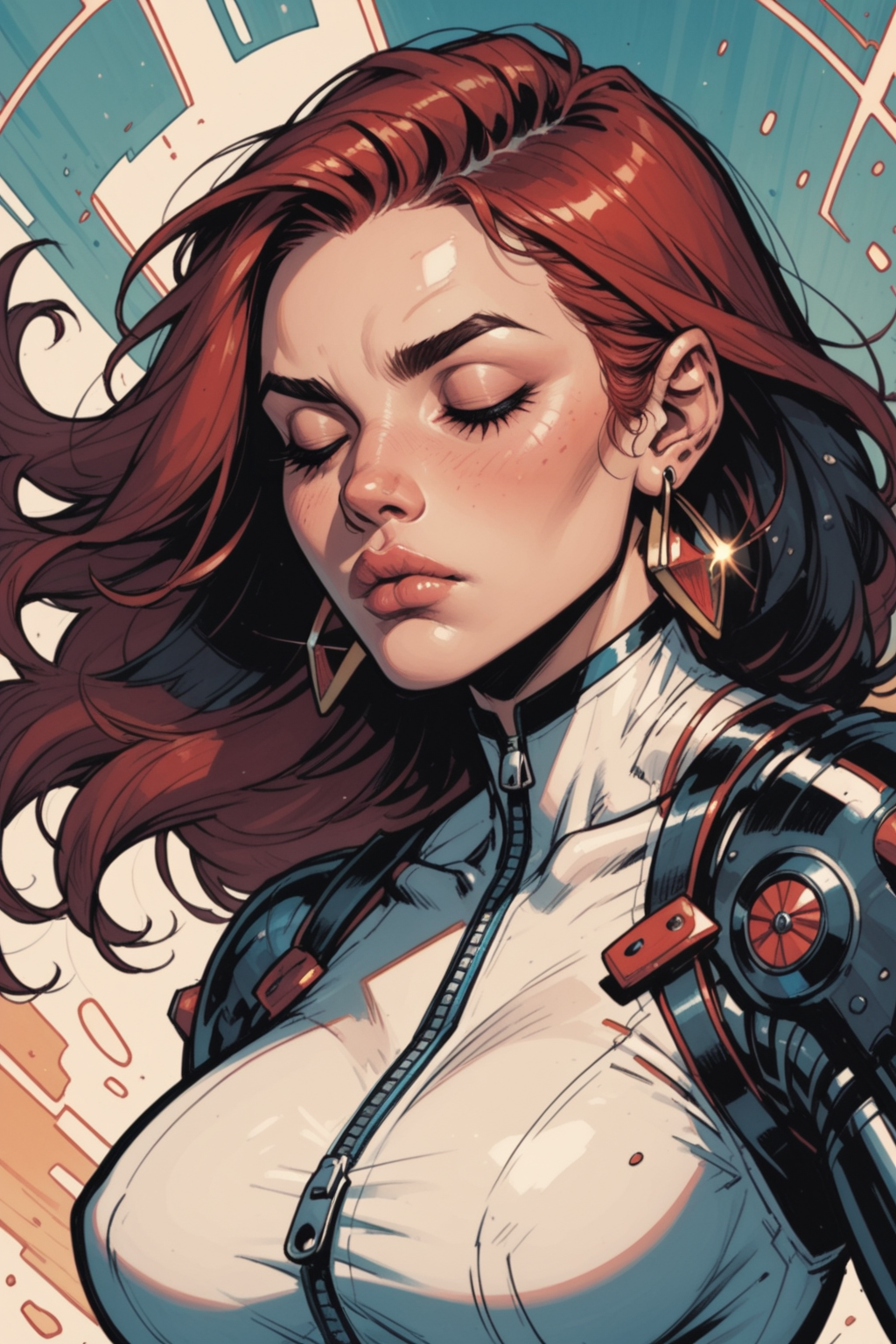 1girl, solo, earrings, jewelry, breasts, bodysuit, long hair, closed eyes, makeup, , black hair, red hair, large breasts, mechanical arms, lips, zipper, zPDXL3,  PnyCmicXLPOS, detailxl,