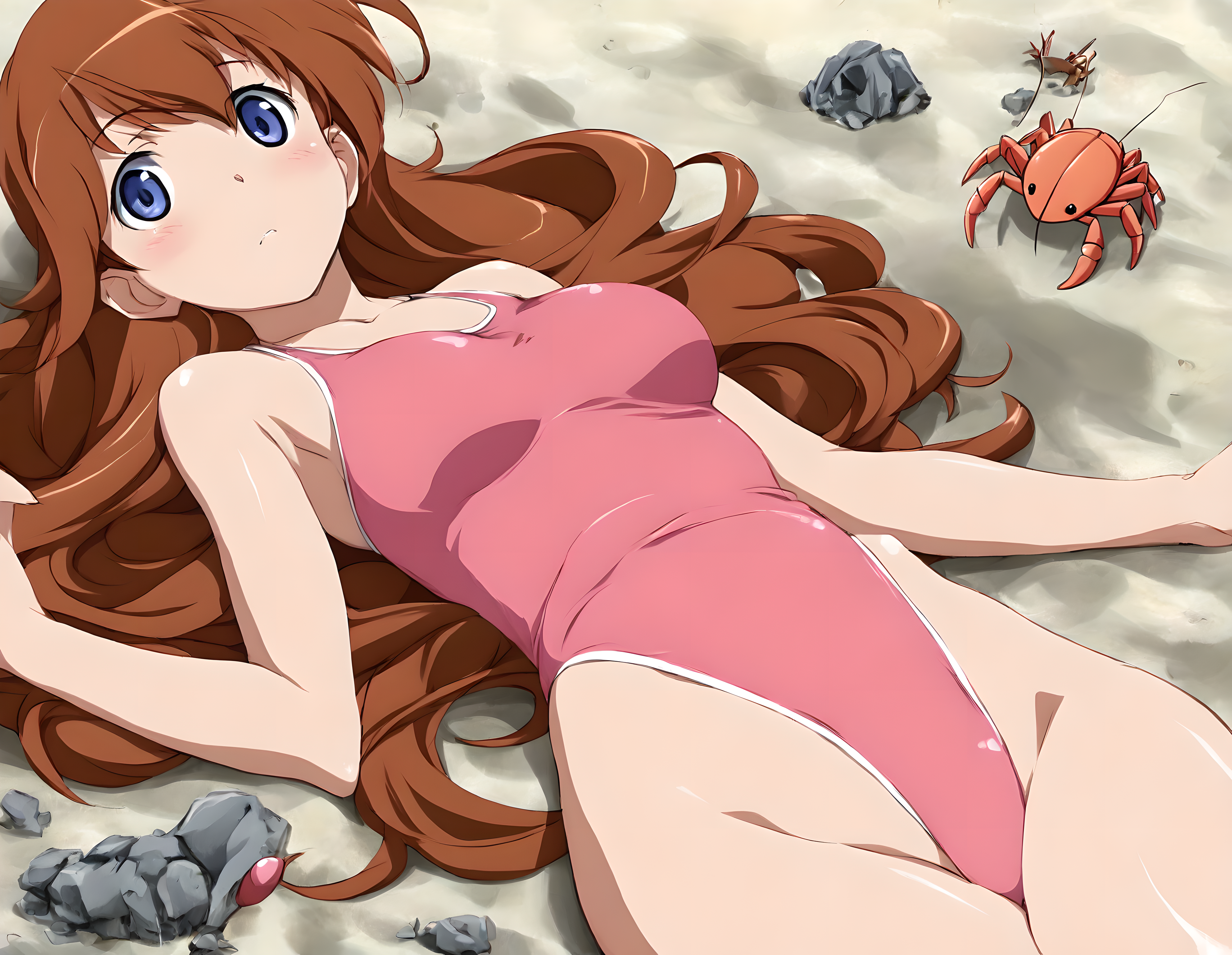 <lora:illustrious_XL_momo:0.9>,momo,masterpiece,best quality,good quality,1girl,solo,highleg_swimsuit,pink swimsuit,sandy beaches,hermit crab,on back,light_blush,