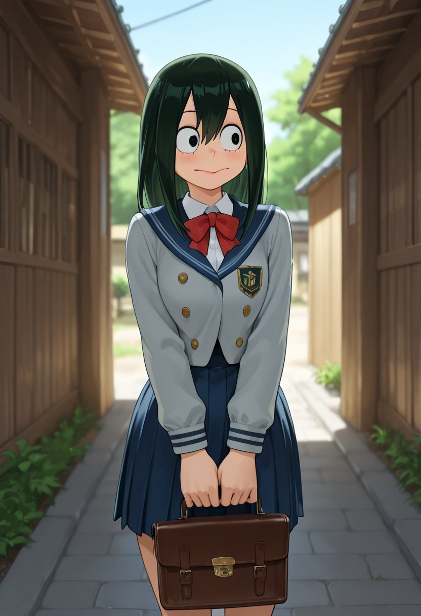 masterpiece, best quality, amazing quality, very aesthetic, high resolution, ultra-detailed, absurdres, newest, scenery,
asui_tsuyu_mha_illust, tongue, green hair, school girl uniform, holding purse, outside, Japanese village
BREAK, detailed background, detailed hair, depth of field