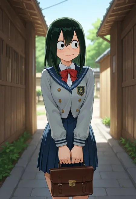 masterpiece, best quality, amazing quality, very aesthetic, high resolution, ultra-detailed, absurdres, newest, scenery,
asui_tsuyu_mha_illust, tongue, green hair, school girl uniform, holding purse, outside, Japanese village
BREAK, detailed background, detailed hair, depth of field