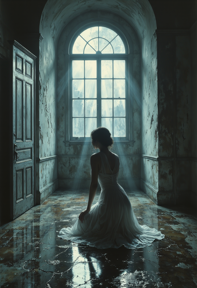 A wide-angle cinematic portrait of a solitary woman leaning against a cracked wall near a high, arched window at midnight. Silver moonlight pours through one broken pane, casting a cool beam that slices across the flooded floor. She kneels on one knee, the other bent, gazing out into the darkness beyond. Her damp gown of sheer fabric shimmers under the lunar glow, accentuating every fold and contour. The room's decayed grandeur, the peeling plaster, stained curtains, and weathered doors are bathed in pale, ghostly blue. Ripples in the water pick up stray moonbeams, creating fractal reflections that dance around her. <lora:Mezzotint_Artstyle_for_Flux_-_by_Ethanar:0.5500000000000002> <lora:SkoolDaze_Portrait_Style-000014:0.5500000000000002> <lora:illustration20FLUX20.XsbF:0.3500000000000001> <lora:cpa.LgFo:0.3500000000000001>
