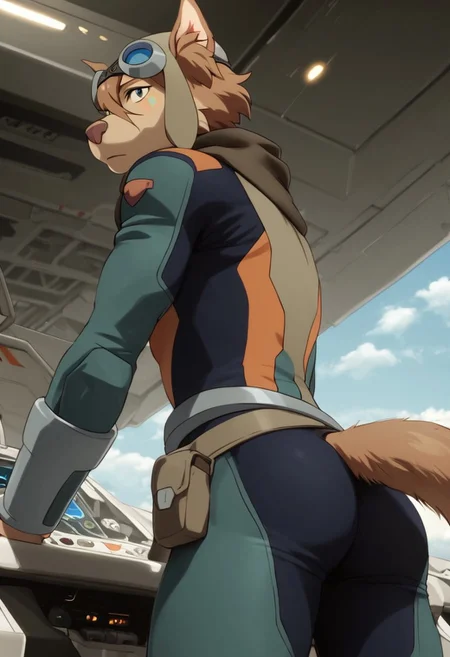 olia_voltron_gogglesON, 1girl, female furry, anthro, canide, golden fur, brown animal ears, brown hair, black eyes, small yellow tattoos on each cheeks, claws, long tail, pilot helmet and goggles, brown scarf, green and orange suit, pocket belt, score_9_up, score_8_up, score_7_up, standing, BREAK, 1girl, solo, from behind, looking back, from below, low-angle shot, butt focus, head tilt, looking at viewer, ultra detailed, detailed background, spaceship cockpit background, masterpiece, best quality, 8k, Expressiveh, realistic, 3d,