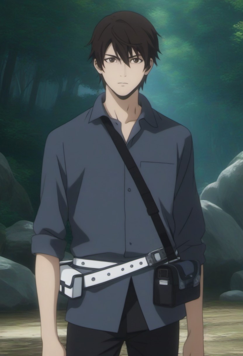 ((masterpiece)), ((best quality)), ((ultra-detailed)), ((absurdres)), score_9_up, score_8_up, score_7_up,
HD, top quality, best quality, amazing quality, High-quality illustrations, anime screencap, source_anime, best aesthetic, perfect proportions, perfect eyes, 1boy, 1male, solo boy, solo male, male focus, solo male focus, Anime, boy, male anime character, anime boy, handsome, cute, charming, sexy, good-looking, Ryouta Sakamoto, black-brown hair, brown eyes, dark gray collared shirt, rolled sleeves black sling bag, white waist pouch bags, black pants, green gem left hand, ((slim body, lean body)), ((deep forest, rocks)), ((cowboy shot, head to hips shot)), ((front view, front shot, facing front, view from the front))