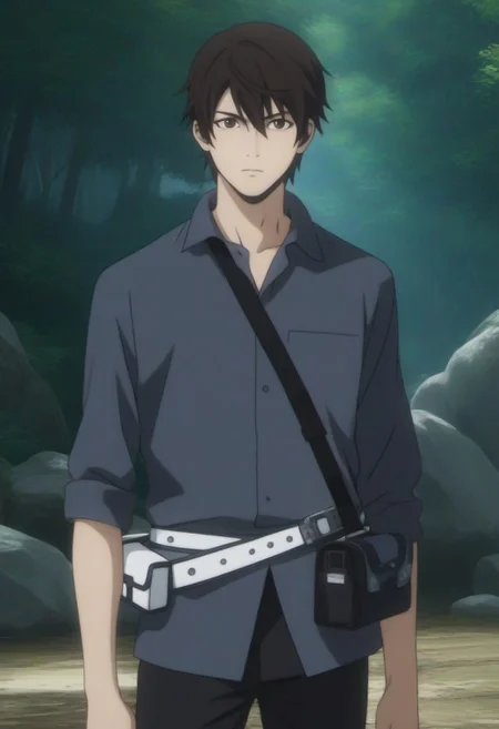 ((masterpiece)), ((best quality)), ((ultra-detailed)), ((absurdres)), score_9_up, score_8_up, score_7_up,
HD, top quality, best quality, amazing quality, High-quality illustrations, anime screencap, source_anime, best aesthetic, perfect proportions, perfect eyes, 1boy, 1male, solo boy, solo male, male focus, solo male focus, Anime, boy, male anime character, anime boy, handsome, cute, charming, sexy, good-looking, Ryouta Sakamoto, black-brown hair, brown eyes, dark gray collared shirt, rolled sleeves black sling bag, white waist pouch bags, black pants, green gem left hand, ((slim body, lean body)), ((deep forest, rocks)), ((cowboy shot, head to hips shot)), ((front view, front shot, facing front, view from the front))