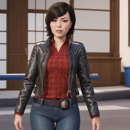 <lora:yuriwatanabespidermanps4_pony_v1:1> YuriWatanabePS4, 1girl, leather jacket, denim, pants, large breasts, jeans, red shirt, short hair, black hair, belt, lips, plaid, open jacket, cowboy shot