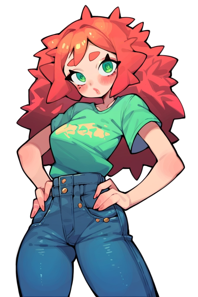 <lora:Lumpy Pacas:1>, score_9, score_8_up, score_7_up, score_6_up, score_5_up, rating_questionable, source cartoon
1girl, pretty face, pretty eyes, detailed eyes, HD eyes, thick thighs
hands on hips, standing, cowboy shot
looking at viewer, blush, eyebrows, long hair, red hair, green eyes
jeans, green t-shirt, boots, high waisted jeans
simple background, white background