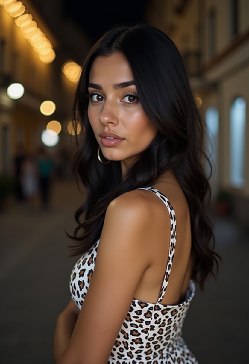cute 29yo young turkish woman, seductive, lustfull, beautiful, sexy, cute, from side, short size, small size, solo, long hair, black hair, slender body, young face, slim, petite, brown eyes, sweet girl, petite body, sexy attire, white short dress with leopard pattern, sleevless dress, bare shoulders,  light abs, pale skin color, night, street, medium size breasts,, braceled, necklaces,, shy, worried, mini-circle earrings