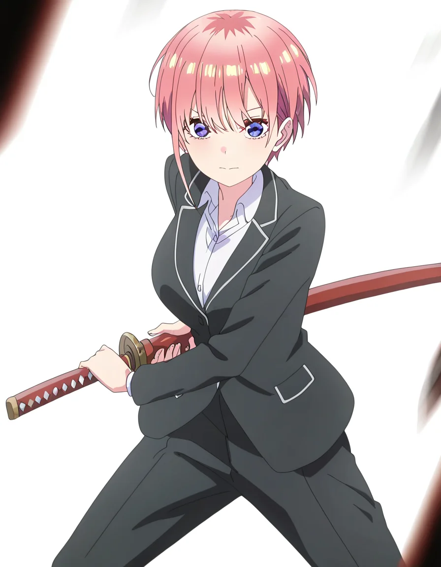 masterpiece, best quality, newest, absurdres, highres, safe,, <lora:ichika-nakano-s2-ponyxl-lora-nochekaiser:1>, ichika nakano, short hair, bangs, blue eyes, hair between eyes, pink hair, pixie cut, large breasts, anime screencap, <lora:battoujutsu-stance-illustriousxl-lora-nochekaiser:1>, battoujutsu stance, looking at viewer, holding, weapon, sword, holding weapon, holding sword, standing, katana, sheath, sheathed, fighting stance, ready to draw, shirt, long sleeves, jacket, white shirt, necktie, collared shirt, pants, black jacket, floating hair, black pants, formal, suit, black necktie, black suit, pant suit,, ,
