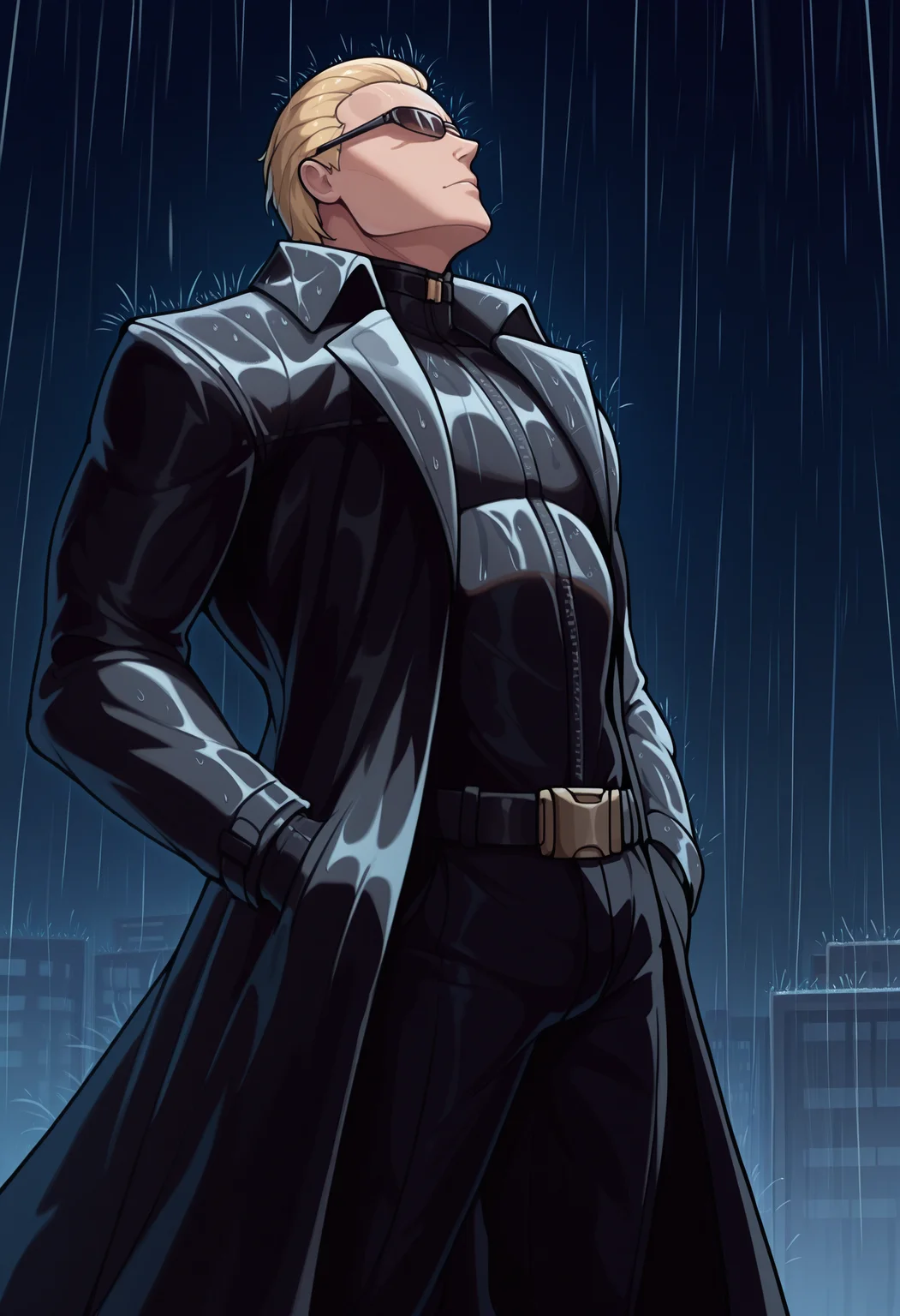 masterpiece, best quality, <lora:albertwesker-guy90-Illust-Lorav1:1>, albker, 1boy, solo, sunglasses, black gloves, blonde hair, short hair, slicked back, black coat, belt, black pants, long coat, hands in pockets, looking up, rain, night