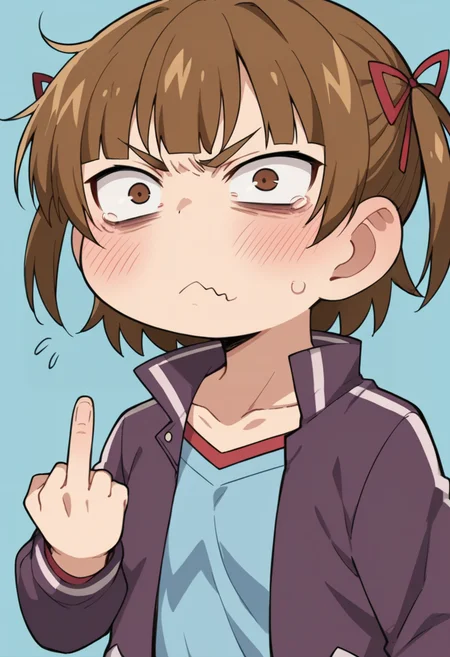 score_9, score_8_up, score_8, source_anime, <lora:MitsubaMarui:0.8> chibi, 1girl, brown hair, brown eyes, solo, twintails, short twintails, short hair, hair ribbon, purple jacket, blue shirt, blush, angry, constricted pupils, middle finger,
simple background, light blue background,