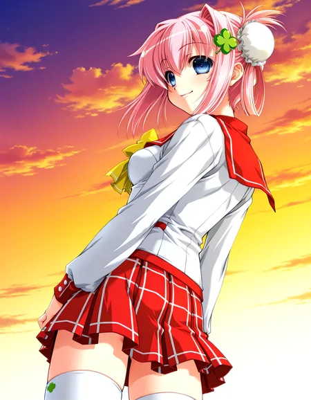 (1girl, solo:1.3), (2girls, 3girls, 4girls, multiple girls, 2boys, 3boys, 4boys, multiple boys:-1.5) <lora:Ainame_Chisato_Hachukano_Illustrious:0.9>, Ainame Chisato, medium breasts, blue eyes, pink hair, short hair, bangs, hair intakes, hair between eyes, sidelocks, bun cover, single hair bun, hair bun, four-leaf clover hair ornament, clover hair ornament, hair ornament, school uniform, serafuku, sailor collar, long sleeves, yellow bow, bowtie, pleated skirt, plaid skirt, red skirt, miniskirt, white thighhighs smile, (tongue out:0.7), open eyes, general, contrapposto, dynamic pose, , upper body, from behind, from below, dutch angle, indoors, <lora:NOOB_EPSv1_1_detailer_by_vlnvk_v1_0:1.5>, (photo background:0.7), evening, (tachibana yuu:0.6), inue shinsuke, (kazuma muramasa:0.0), saikawa yusa, (aoi manabu:0.6), abarerumidori, (suzui narumi:0.6), masterpiece, newest, absurdres, 8K, anime screenshot, anime coloring, flat color, official art, film grain, <lora:illustriousXLv01_stabilizer_v1.185c:0.7>, <lora:LECO_Solo:-4.0>,