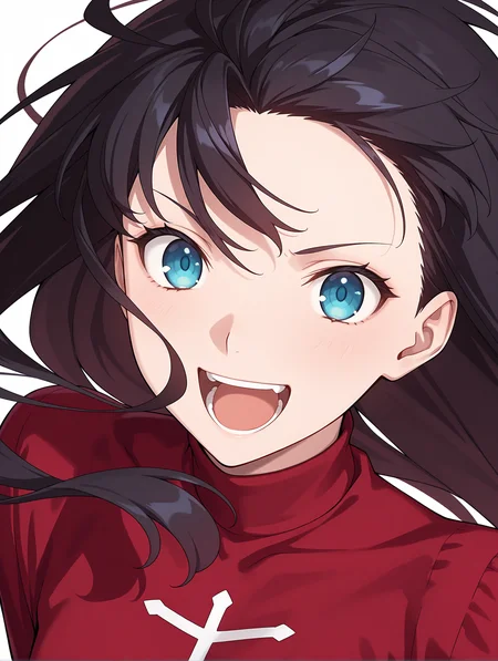 masterpiece,best quality,newest,1girl,solo,
<lora:T_Rin_ilxlv1.3:1>,t_rin,black hair,blue eyes,r_clothes,turtleneck,long sleeves,red shirt,
<lora:Fixhands_anime_bdsqlsz_V1:1>,floating hair,simple_background,white background,laughing,upper_body,face_focus,front view,portrait,looking_at_viewer,standing,white_background,hair down,