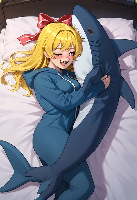 score_9_up, masterpiece, best quality, amazing quality, very aesthetic, absurdres, newest, , photorealistic, portrait, 1girl, solo girl, laying on bed, on back,<lora:kigurumi-ponyxl-lora-nochekaiser:1>, kigurumi, animal hood, animal costume, cosplay,, night, dim light, ON SIDE, HAPPY, EYES CLOSED,  HEARTS IN AIR,hugging, shark, stuffed shark, ((SHARK IN GIFT RIBBON)),<lora:Hugging_shark:1>
<lora:Lucita_Yellow_Pony_V2.0:1> Lucita Yellow,  long yellow hair, bangs, animal ears, tail, pink eyes, square shaped pupils, ((adult)) medium breasts, open mouth, sharp teeth, light blushing, shy smile,