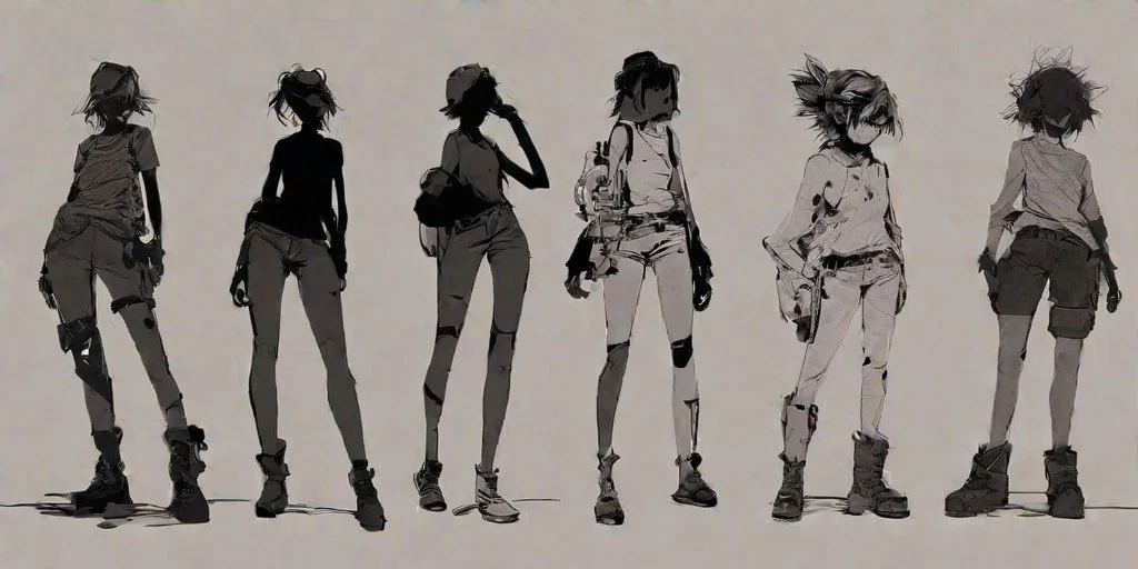 <lora:Charasilhouette-V1-000004:1.0>, charasil, monochrome, game characters, original designs, psychedelic, finely detailed, dramatic, ray tracing, Post-Apocalyptic, 1girl, charasil style, full body