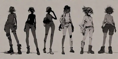 <lora:Charasilhouette-V1-000004:1.0>, charasil, monochrome, game characters, original designs, psychedelic, finely detailed, dramatic, ray tracing, Post-Apocalyptic, 1girl, charasil style, full body