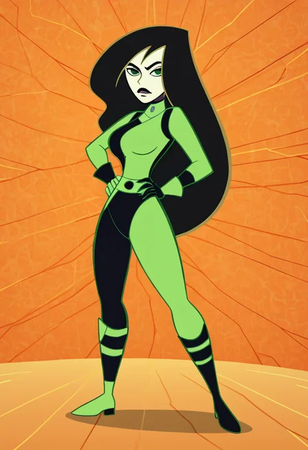 masterpiece,stunning realistic, best quality, sharpness, 1 girl,ng_deepnegative_v1_75t, easynegative, shego, 1girl, solo, long hair, black lips, black hair, green eyes, green bodysuit, green gloves,boots, negative_hand,large breasts,standing in a fabric,