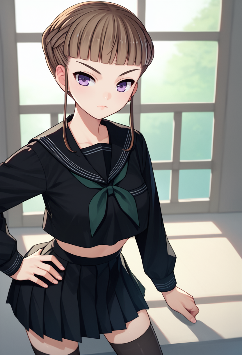 score_9, score_8_up, score_7_up, 1girl, solo, Manaka Nemu, braided hair, purple eyes, sidelocks, long sleeves, necktie,  black skirt, black thighhighs, black serafuku, looking at viewer, hand on hip,     <lora:Nemu move -1.7-000007:1>