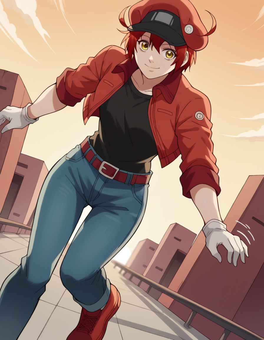 score_9, score_8_up, score_7_up, source_anime, <lora:red-blood-cell-ae3803-s1-ponyxl-lora-nochekaiser:1>, red blood cell ae3803, short hair, hair between eyes, yellow eyes, ahoge, red hair,, shirt, gloves, hat, jacket, belt, pants, white gloves, black shirt, denim, red headwear, red jacket, jeans, cabbie hat,, suburban neighborhood, morning jog, earphones, running shoes, fresh air, sunrise, smile, , hand shaking hands, solo,, cowboy shot, dutch angle