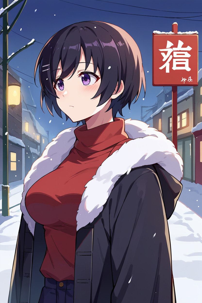 score_9, score_8_up, score_7_up, score_6_up, source_anime, BREAK 1girl, solo  <lora:tsubasa-pdxl-nvwls-v1-000005:1> altTsubasa, short hair, black hair, hairclip, purple eyes, black coat, red sweater, turtleneck, medium breasts, khakis, winter, snow, street