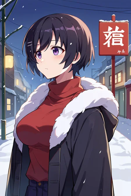 score_9, score_8_up, score_7_up, score_6_up, source_anime, BREAK 1girl, solo  <lora:tsubasa-pdxl-nvwls-v1-000005:1> altTsubasa, short hair, black hair, hairclip, purple eyes, black coat, red sweater, turtleneck, medium breasts, khakis, winter, snow, street