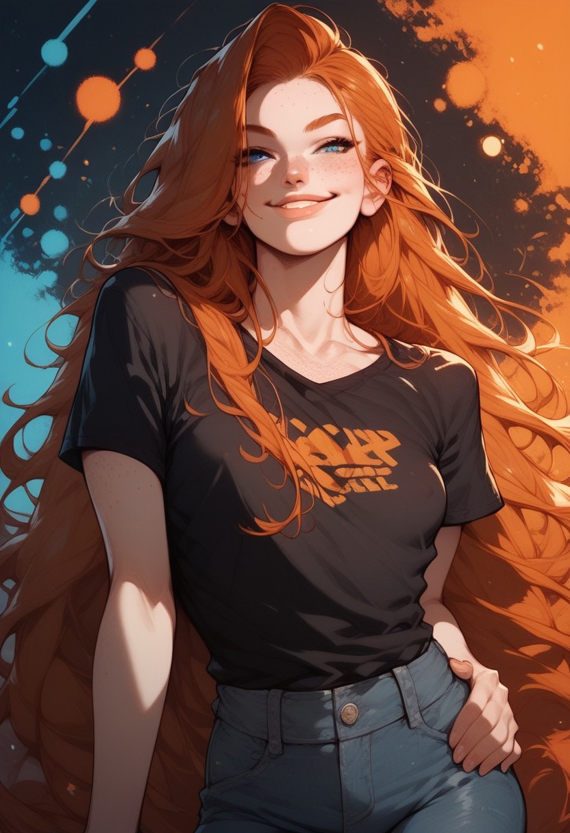score_9, score_8_up, score_7_up, score_6_up, 1girl, Ginger, GingerRH, Very long ginger hair, straight hair, parted bangs, freckles, chest freckles, blue eyes, pale skin, small breasts, pinup pose, posing, abstract background, orange tint,  aesthetic, black off shoulders t-shirt, nipple peek, denim pants, cowboy shot, parted lips, hand on hips, smile, closed mouth, front view