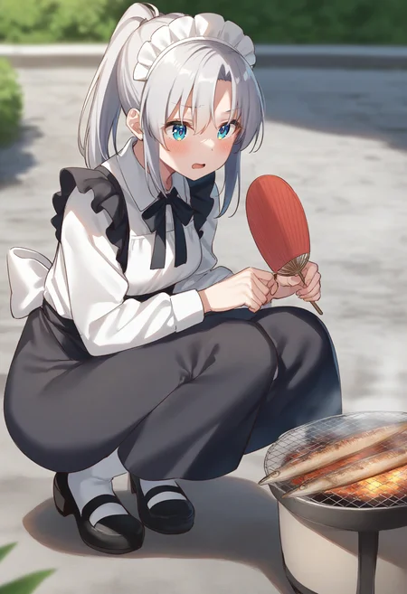 1girl,sincos, ningen mame, toosaka asagi,solo,medium breasts,20yo,maid,maid headdress,
saury, shichirin, grill, grilling, squatting, hand fan, paper fan, holding,outdoors, <lora:saury_XL_v1:0.8>
from behind, panorama shot, looking down, silver hair, black eyes,troubled eyebrows, open mouth, ponytail hair,,
best quality, very aesthetic, absurdres