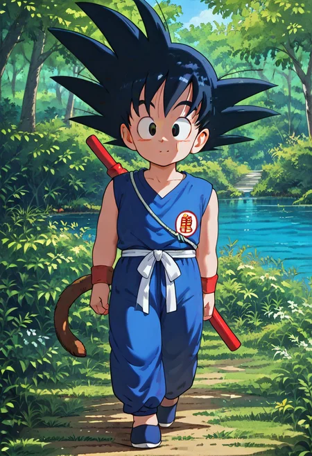 score_9, score_8_up, score_7_up, highly detailed, cute boy, young, son goku, black hair, black eyes, spiked hair, monkey tail, male child