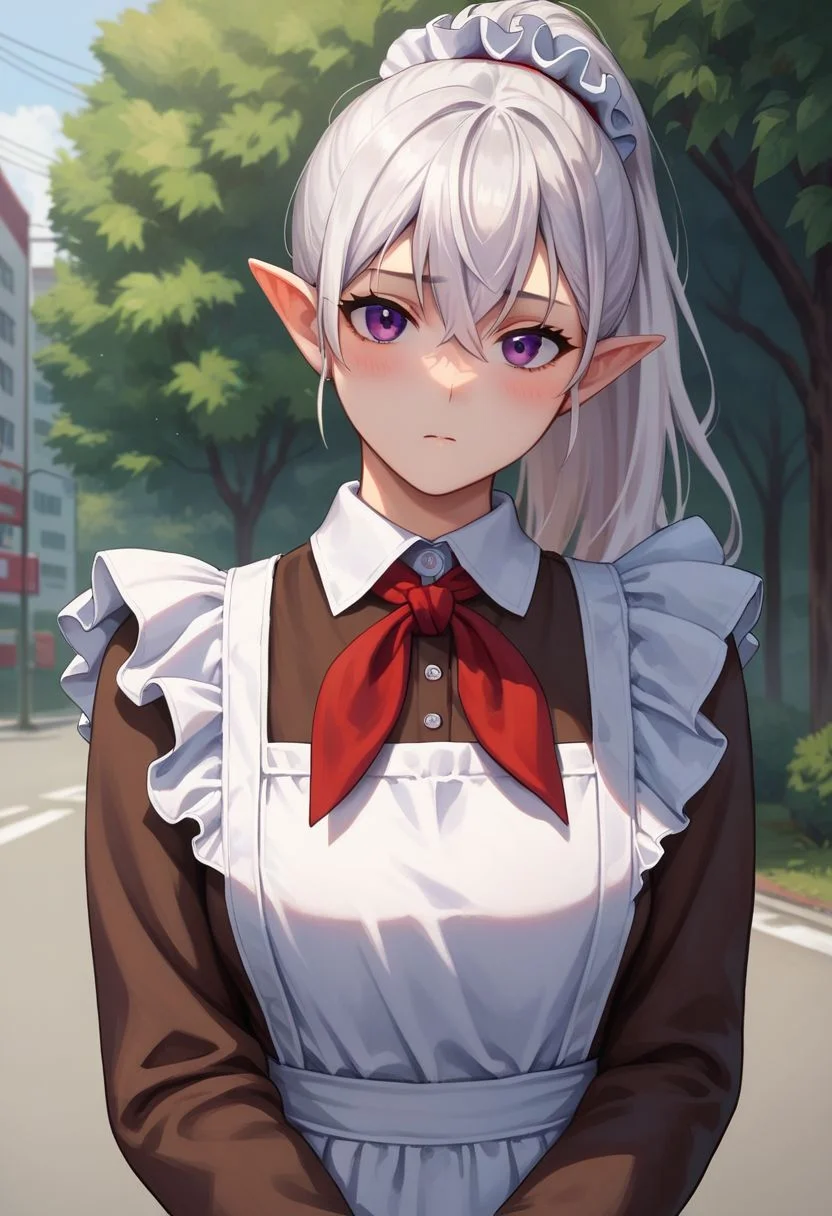 score_9,score_8_up,score_7_up,1girl,white hair,long hair,purple eyes,ponytail,pointy ears,bangs,curvy,blush,soviet schoolgirl uniform, frilled apron, frilled hair scrunchie, red neckerchief,upper body,soviet street,20th century, outdoors, looking at viewer