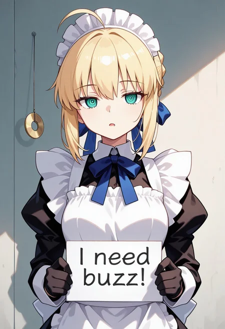 masterpiece, best quality, mind control, hypnosis amazing quality, bright eyes, ringed eyes, very aesthetic, absurdres, girl, score_9, socre_8, score_7, high res image, cute girl, ultra detailed eyes, clear skin, shiny hair, black gloves, expressionless, empty eyes, ringed eyes, blank stare, blank eyes, upper body, serious, female focus, ringed eyes, 1girl, solo, saber (fate), artoria pendragon (fate), braid, sidelocks, open mouth, pendulum, drool, ahoge, braided bun, ribbon, hair ribbon, hair bun, blue ribbon, french braid, maid, maid headdress, maid apron, half-closed eyes, holding sign lettered "Buzz Buzz Buzz Buzz Buzz Buzz Buzz Buzz Buzz Buzz Buzz", need_buzz, holding sign