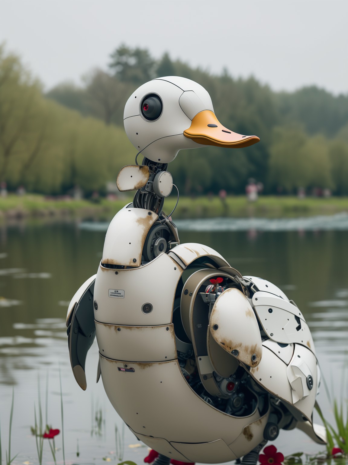 masterpiece, high quality, A robot duck,  by lake, flowers  <lora:J_sci-fi-000014:0.8> j_sci-fi
