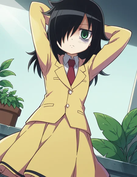 score_9, score_8_up, score_7_up, source_anime, <lora:tomoko-kuroki-s1-ponyxl-lora-nochekaiser:1>, tomoko kuroki, long hair, black hair, green eyes, hair over one eye, bags under eyes,, skirt, school uniform, necktie, blazer,, conservatory, plants, glass roof, sunlight, greenery, , hands behind head,, looking at viewer, solo,, dutch angle, cowboy shot