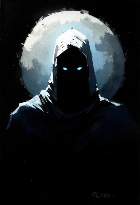 oil painting portrait rendered in a loose, impressionistic style with thick, expressive brush strokes. It depicts Moon Knight (Marvel Comics) lurking in the darkness, with his white hood and glowing eyes. The background is black and he is covered in darkness with the silver moon. close-up.