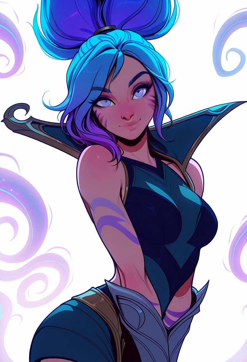 Artist : Tsuaii, Artist : Incase, flat colors, high detailed, high quality, masterpiece, 
1girl, upper body, (white background), dynamic lighting, standing, looking at viewer, cowboy shot, 
eye reflection, smile, (Janna league of legends:2),