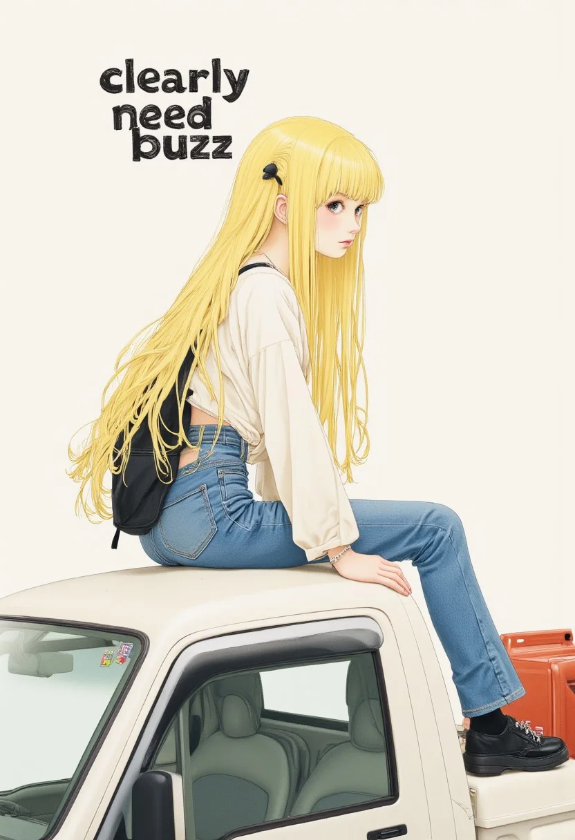 the text "clearly need buzz" on  the top. 
gongbihua, illustration,
a blonde hair cool girl is on a roof of a Keitora car.