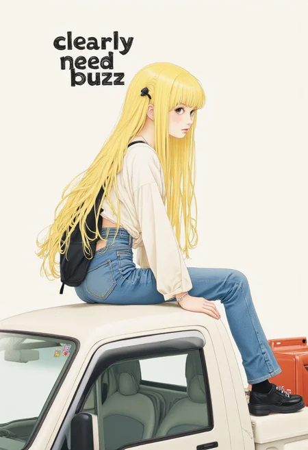 the text "clearly need buzz" on the top.
gongbihua, illustration,
a blonde hair cool girl is on a roof of a Keitora car.