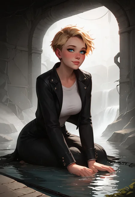 score_9, score_8_up, score_7_up, score_6_up, score_5_up, score_4_up, 1girl, mischievous, fit woman, 29 year old, face focus, blush, blonde, short pixie hair, hair shaved off, beautiful face, blue eyes, toned, wide hips, slender, perfect medium breasts, freckles, nice butt, (realistic lighting, natural lighting, soft lighting, subsurface scattering,):1.3), beautiful, (blue eyes), detailed face, realistic face, make up, sm eyeshadow, long eyelashes, eyeliner,full lips, perfect hands, great view,pose, skindentation, freckles, jewelry, full lips, fit woman, Expressiveh, hourglass body shape, smiling,
Black suit jacket, black pants, white shirt,
ruanyi0826,ruins,water,cable,indoors,drainpipe, (underground tunnels:1.2), sitting
glowing, neon