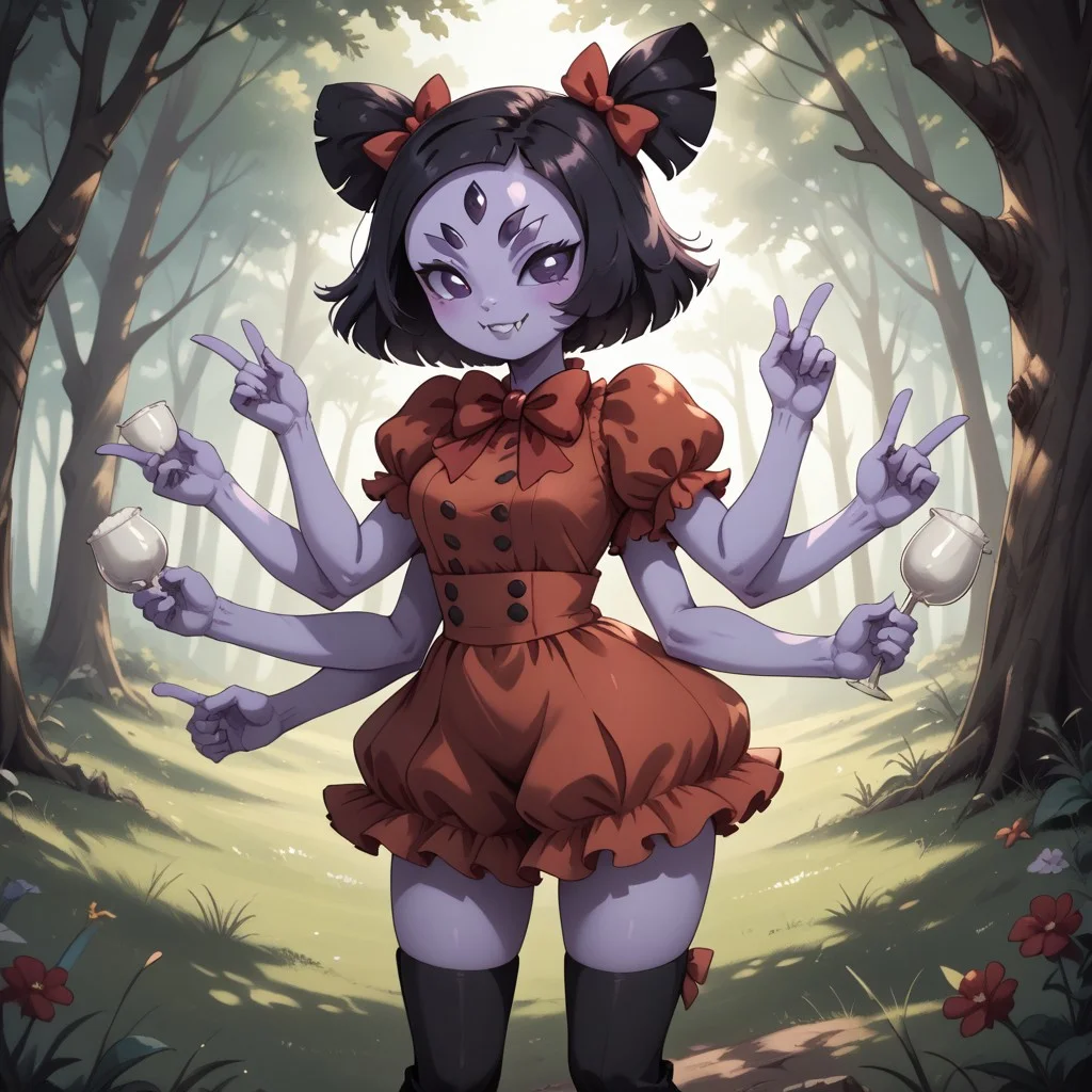 score_9, score_8, BREAK, solo, Muffet_(Undertale), solo, anthro, (((six arms))), lavender skin, lavender skin female, five eyes, twin pigtails, white fangs, red ribbons, red rompers with buttons, long black boots, self portrait, smile, looking at viewer, outdoors, sunlight, shadows, evening lighting, natural lighting, forest, trees, grass, orange sky, sunset