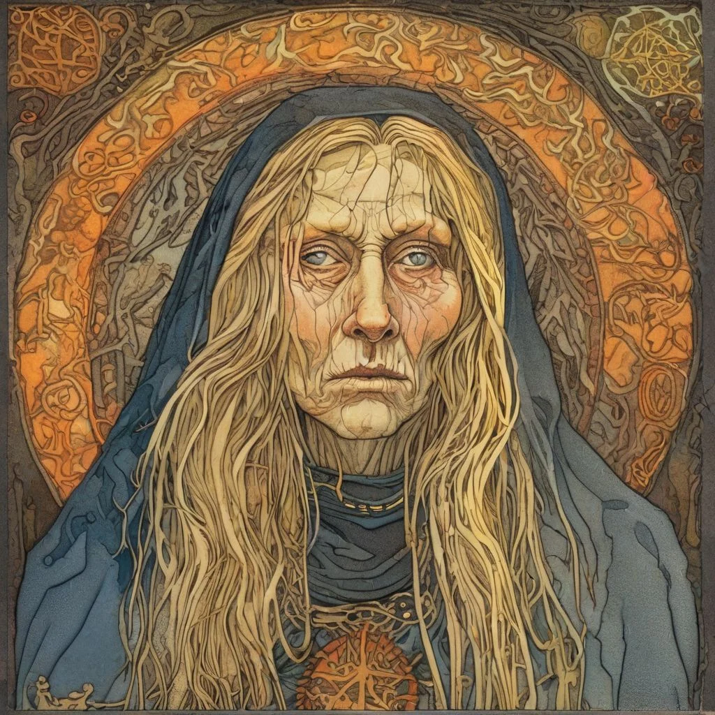 Ivan Bilibin Style - Medium Portrait detailed face - a Slavic woman witch, her face is aged and etched with spiteful wrinkles. Her eyes glow with an unnatural inner fire, and her long, matted hair hangs like a tangled web. She wears tattered clothes adorned with bone charms and crudely drawn sigils.